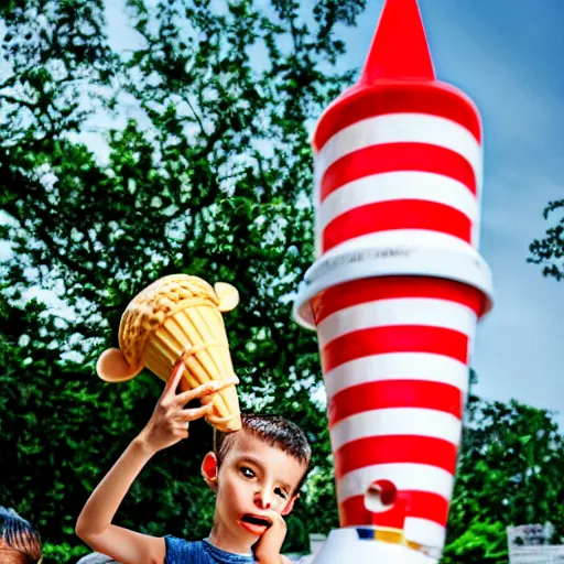 Image similar to a dslr 3 5 mm f 2 photograph of two monkeys worshiping a giant ice cream cone sent by aliens.