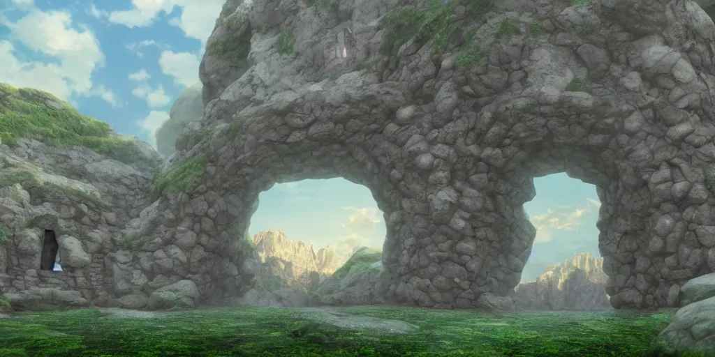 Image similar to 3d render of the entrance to a dungeon of the gods at the base of an ancient mountain, realistic lighting, cinematic lighting, rule of thirds, ligne claire, lit by morning light, in the style of Studio Ghibli, by Hayao Miyazaki, f8, polarizer filter