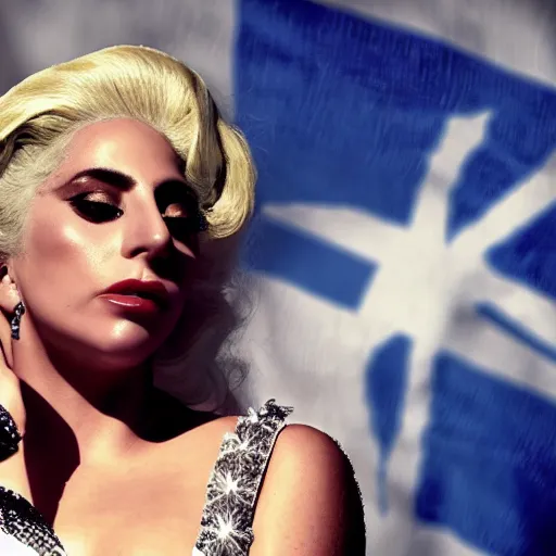 Image similar to Lady Gaga as Evita, president of Argentina, Argentina flag behind, bokeh, detailed, hd, as Cristina Kirchner