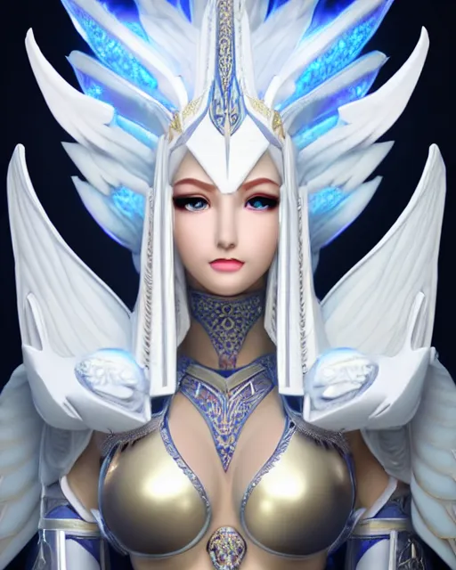 Prompt: perfect white haired attractive egyptian goddess with huge white dove wings, ornate, warframe armor, beautiful, symmetric, dreamy, half asian, pretty face, blue eyes, detailed, scifi platform, laboratory, experiment, 4 k, ultra realistic, epic lighting, android body, illuminated, cinematic, masterpiece, art by akihito tsukushi, voidstar