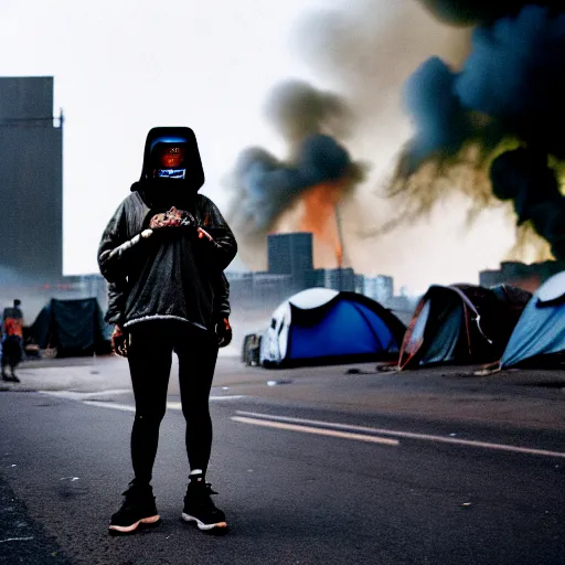 Prompt: Cinestill 50d candid extreme wide shot of a poor techwear mixed woman wearing makeup crying outside of a futuristic city on fire, cyberpunk, tattoos, homeless tents on the side of the road, military police, extreme long shot, desaturated, full shot, action shot, blurry, 4k, 8k, hd, full color