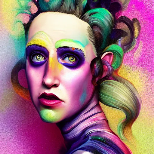 Prompt: hyperdetailed portrait of kristen schaal as delirium of the endless, colourful make up, the sandman, made by caravaggio stanley artgerm lau wlop rossdraws artstation cgsociety concept art cgsociety octane render