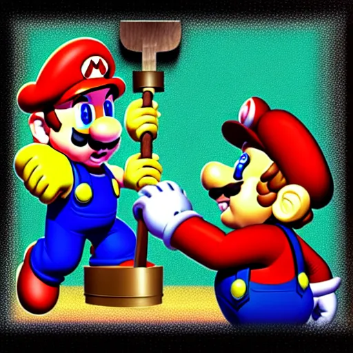 Image similar to master chef deflects mario's hammer with a shield, digital art