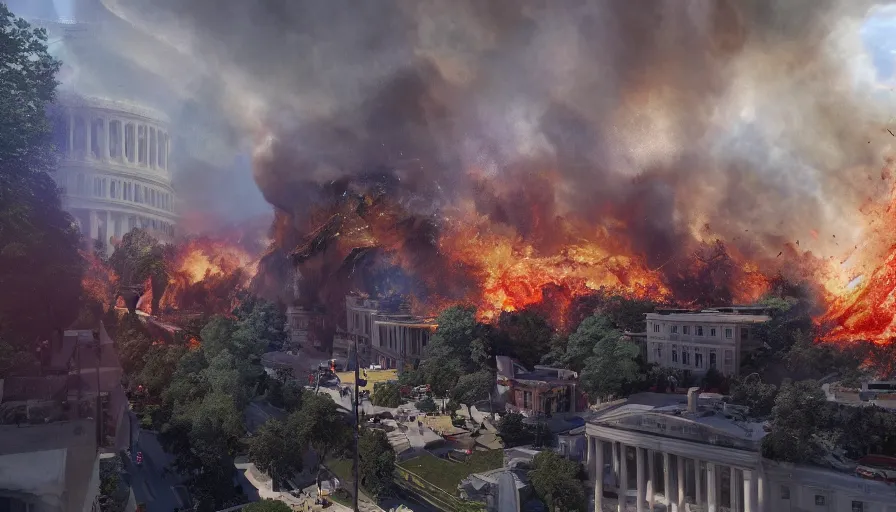 Image similar to giant bigfoot destroying washington dc, debris and fire, collapses building, burning white house, ashes, smoke columns, apocalypse, hyperdetailed, artstation, cgsociety, 8 k