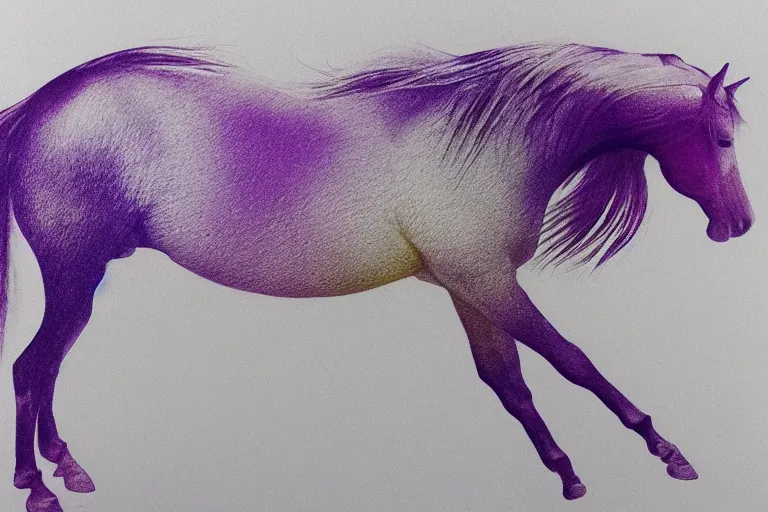 Image similar to beautiful serene horse, healing through motion, minimalistic golden and purple ink airbrush painting on white background