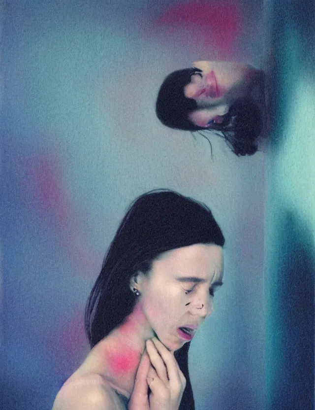 Image similar to woman crying infront of tv screen in dark room, wide angle, blue rays, redshift, wide shot, coloured polaroid photograph, pastel, kodak film, hyper real, stunning moody cinematography, by maripol, fallen angels by wong kar - wai, style of suspiria and neon demon, david hockney, detailed, oil on canvas