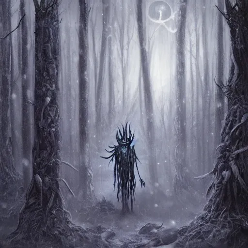 Prompt: cloaked humanoid wendigo feasting, nighttime located in a snowy dark forest, lurking horror, distant - mid shot, dungeons and dragons, magic the gathering, forboding, high detail, oil painting, style of seb mckinnon