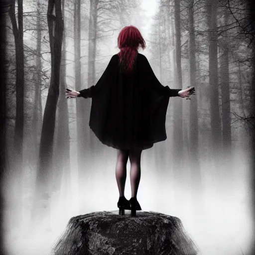 Image similar to a high detailed photo of a lady in a dark cloak suspended in mid air, seen from behind, ancient forest, mist, 35mm, photorealistic, realistic, deviantart, gloomy atmosphere, high definition