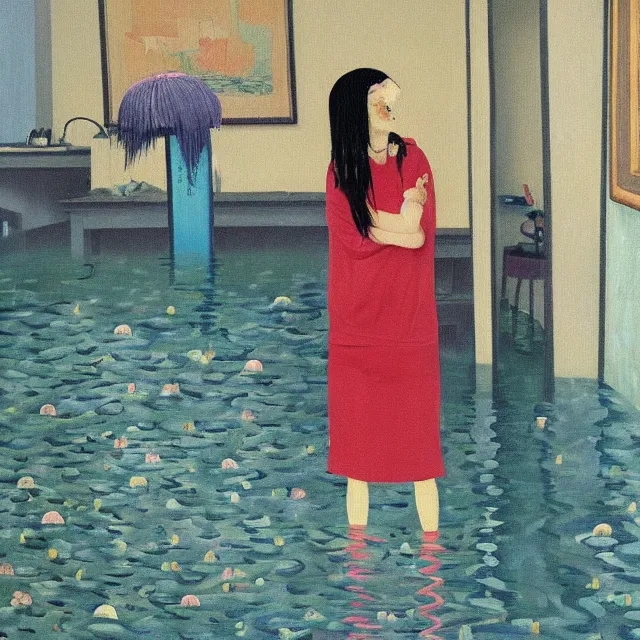 Prompt: tall female emo artist in her flooded kitchen, water gushing from ceiling, painting of flood waters inside an artist's home, a river flooding indoors, pomegranates, pigs, ikebana, zen, water, octopus, river, rapids, waterfall, black swans, canoe, berries, acrylic on canvas, surrealist, by magritte and monet