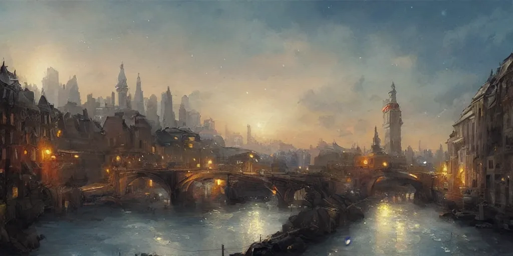 Image similar to stunning landscape painting of an city from 1 7 0 0 with stars in the sky by krenz cushart