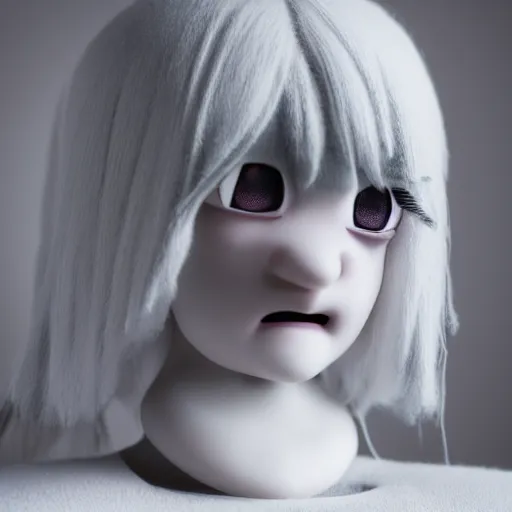 Image similar to cute fumo plush of a girl who appears in the mirror when you utter his name three times at midnight, menacing faceless amorphous dark creature, black and white, horror, caustics, vray