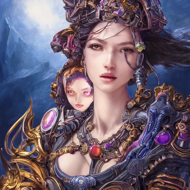 Image similar to studio portrait of lawful good colorful female divine mech paladin as absurdly beautiful, elegant, young sensual gravure idol, ultrafine hyperrealistic detailed face illustration by kim jung gi, irakli nadar, intricate linework, sharp focus, bright colors, matte, octopath traveler, final fantasy, unreal engine highly rendered, global illumination, radiant light, intricate environment