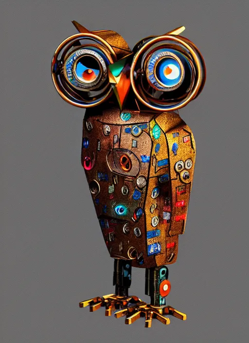 Image similar to colored pencil and pen drawing of an animatronic robot owl, bird made from rusty old keys and padlocks, 4 k photorender realityengine