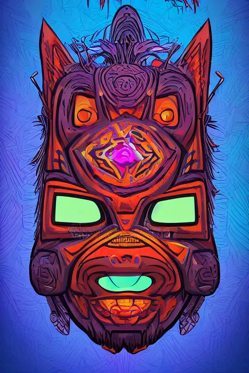 Image similar to totem animal mask tribal feather gemstone plant wood rock shaman vodoo video game vector illustration vivid color borderlands by josan gonzales and dan mumford radiating a glowing aura