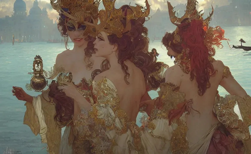 Image similar to the enchanted venice carnival dream with dancing masked people, behance hd artstation, by artgerm, greg rutkowski, alphonse mucha