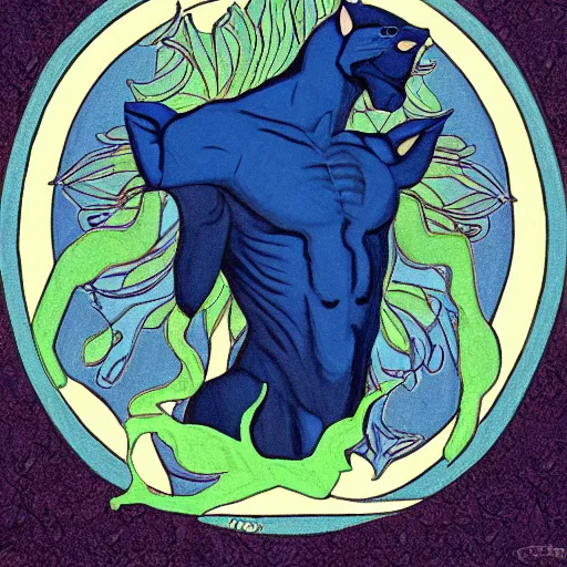Image similar to god of nature, blue panthera, in a style of mucha