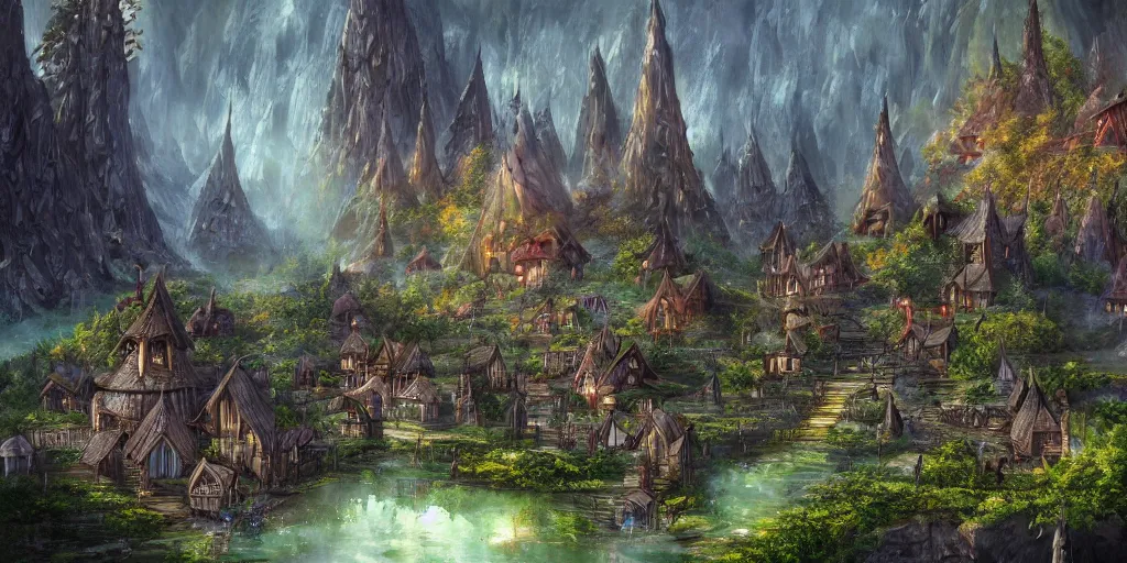 Image similar to high fantasy magical elven town village, gilroy gardens, j. r. r tolkien, lord of the rings, rpg, dungeons and dragons, elden ring, adventure, environment, smooth, sharp focus, deviantart, artstation