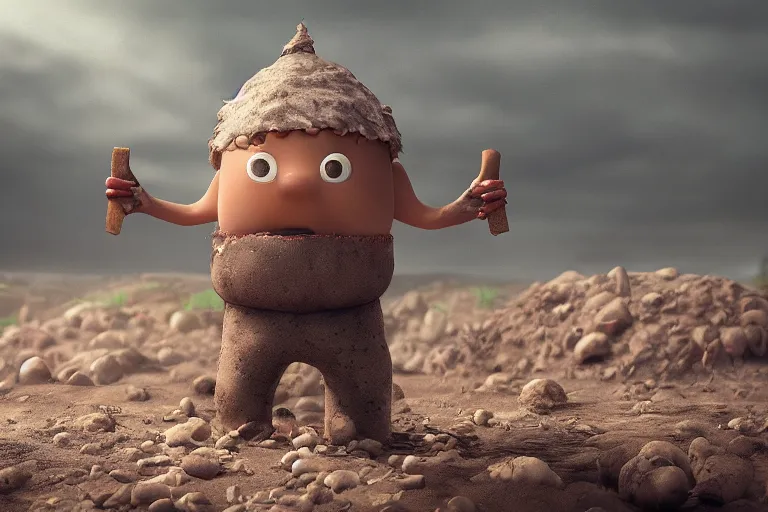 Prompt: the potato king which is a potato appears before the large crowd of his subjects in all his glory wearing his crown, concept art, blender, glossy googly eyes, realistic dirt.