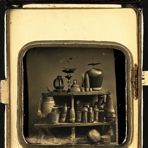 Image similar to Tintype photograph of primitive objects displayed in an ethnographic museum, archive material, anthropology, 1920s studio lighting.