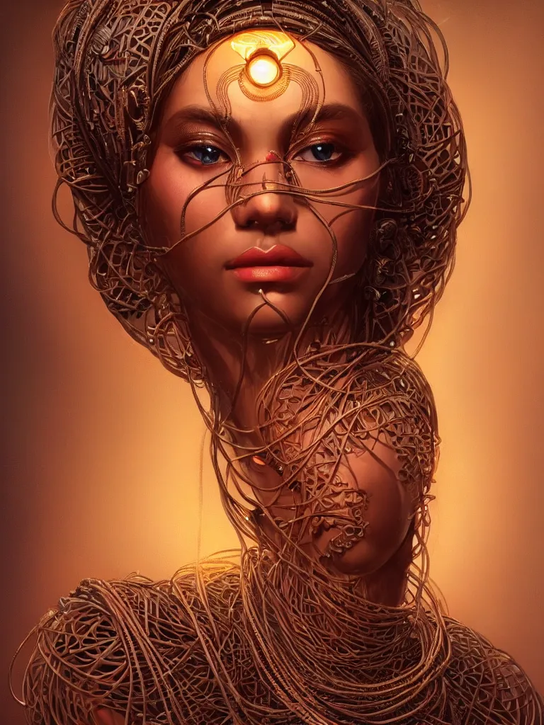 Image similar to a centered render of an alluring mystical tribal goddess adorned with cables and synthesizer parts is surrounded by sacred geometry, full body, gorgeous face, perfect face, powerful, cinematic, beautifully lit, by artgerm, by karol bak, 3 d, trending on artstation, octane render, 8 k