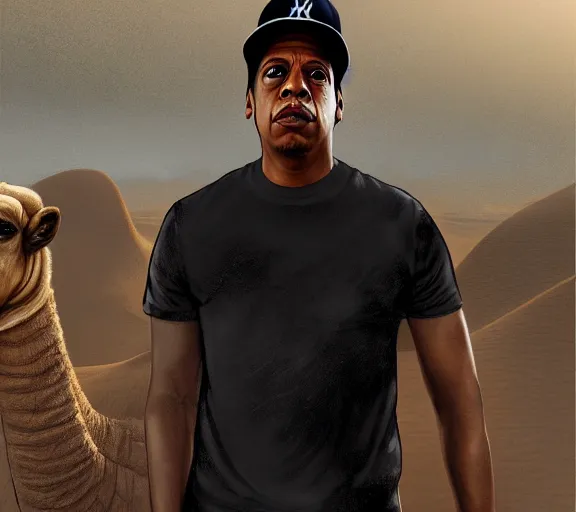 Prompt: portrait of jay - z looking into the distance, wearing a yankee baseball hat and a black t - shirt, standing next to a camel, sand desert fantasy, matte painting, highly detailed, art by artgerm, artstation