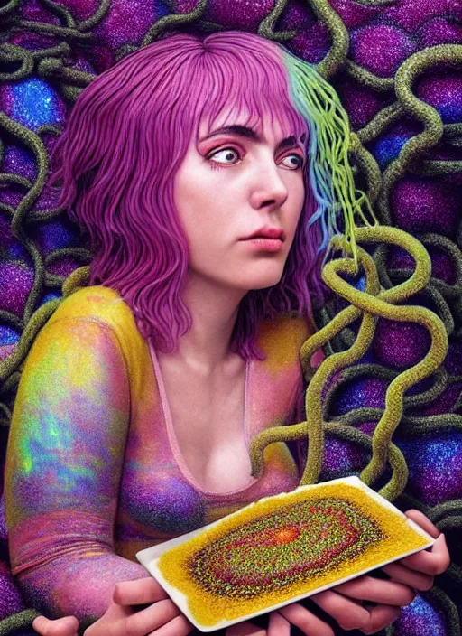 Image similar to hyper detailed 3d render like a Oil painting - Ramona Flowers with wavy black hair wearing thick mascara seen Eating of the Strangling network of colorful yellowcake and aerochrome and milky Fruit and Her staring intensely delicate Hands hold of gossamer polyp blossoms bring iridescent fungal flowers whose spores black the foolish stars by Jacek Yerka, kawaii ,Mariusz Lewandowski, cute silly face, Houdini algorithmic generative render, Abstract brush strokes, Masterpiece, Edward Hopper and James Gilleard, Zdzislaw Beksinski, Mark Ryden, Wolfgang Lettl, Dan Hiller, hints of Yayoi Kasuma, octane render, 8k