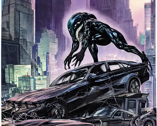 Image similar to Venom standing on top of a wrecked car in the city, open arms art by Clayton Crain, Javier Garron and Gerardo Sandoval