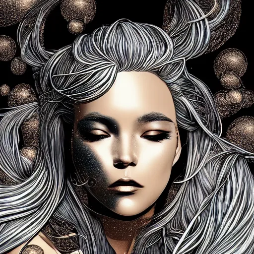 Image similar to gold and silver tones, cybernetic princess, style of moebius, james jean, mcbess, long glowing ethereal hair, cinematic, highly detailed, award winning, 8 k photorealistic