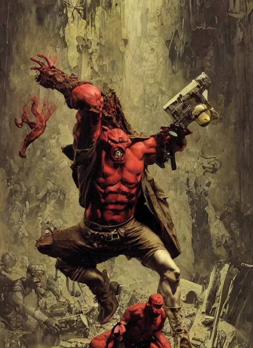Prompt: mass monster markus ruhl as hellboy wearing old trench coat and tattered pants, dynamic action, by lawrence alma tadema and zdzislaw beksinski and norman rockwell and jack kirby and tom lovell and greg staples