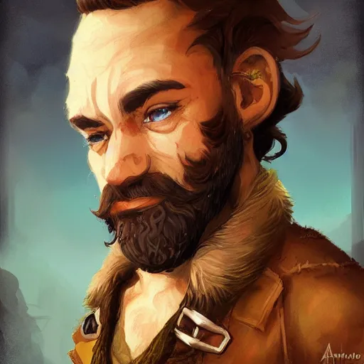 Prompt: Brown haired halfling portrait, middle aged, scruffy beard, dandy elegant fop diminutive by Anato Finnstark, Tony Sart highly detailed, digital illustration, concept art, distinguished