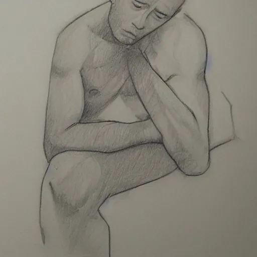 Image similar to a drawn man with depression. pencil sketch.