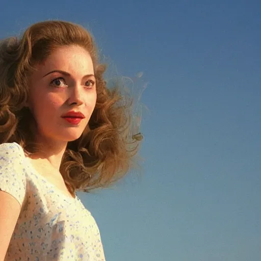 Image similar to natural 8 k shot from a 2 0 0 5 romantic comedy by sam mendes of hedy lemarr with natural face, natural skin, beauty spots and very small lips. she stands and looks on the horizon with winds moving her hair. fuzzy blue sky in the background. small details, natural lighting, 2 4 mm lenses, sharp focus