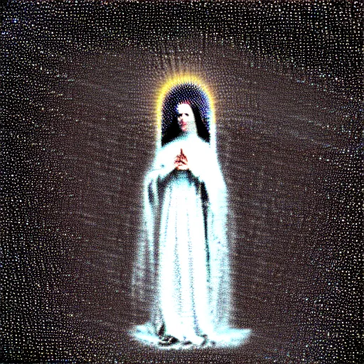 Image similar to vhs static overlay of marian apparition, vhs, 1 9 9 0, highly realistic, highly detailed, vhs noise static, black and white, vhs glitch