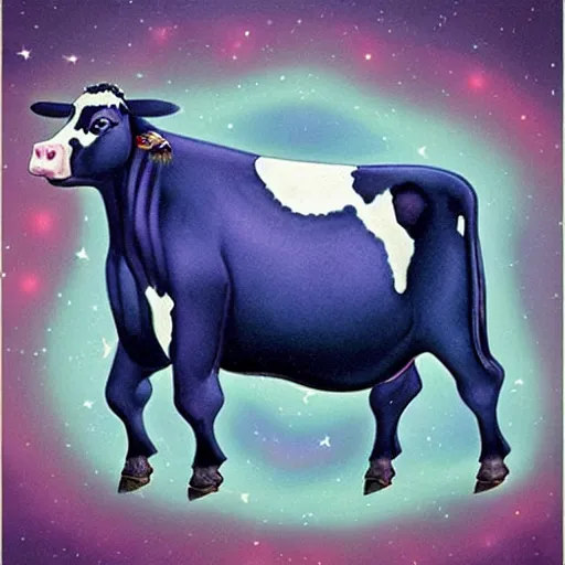 Image similar to the great magical cow, also known as the cosmic cow, has an enormous amount of charisma. a cow of a size of several thousand pounds and a body covered with an amazing array of hair, she has a beautiful blue coloration, she is quite docile and gentle, and her large, almost spherical body is always in motion.