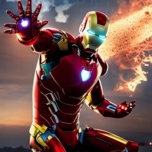 Image similar to marvel movie, ironman, mask off, tony stark, explosion in the background, epic