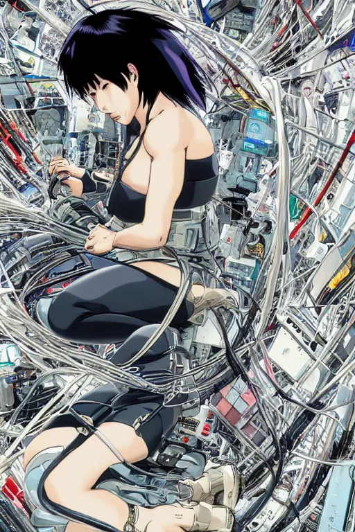 Image similar to coherent motoko kusanagi kneeling on a white in style of masamune shirow, empty floor, with a mess of wires and cables coming out of her head and backside, by Yukito Kishiro and katsuhiro otomo, illustration, cyberpunk, hyper-detailed, colorful, complex, intricate, masterpiece, epic