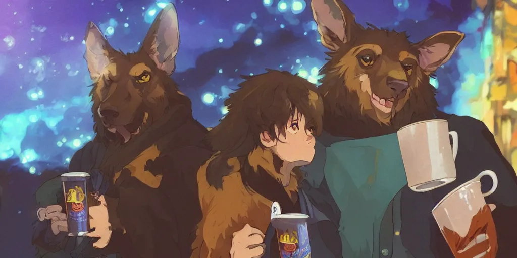 Prompt: a two german shepherds beast - men, holding a mug of beer, a lot of pockets, fur cape, tavern background, magical, bright, colorful, fantastic lighting, amazing details, 4 k uhd, illustration by hayao miyazaki and makoto shinkai and ilya kuvshinov, artstation, pixiv,