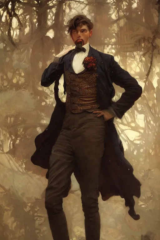 Image similar to an intricate artistic pose painting of a beautiful young victorian gentleman with an artistic pose wearing a beautiful victorian suit, hyper detailed, octane render, vivid colors, artstation, by jeremy mann, alphonse mucha, by boris vallejo