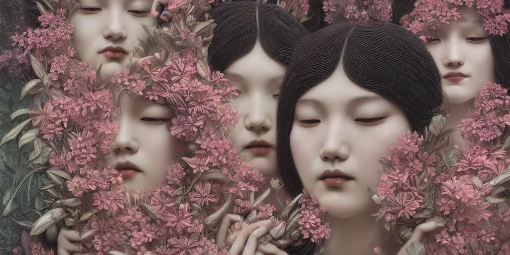 Prompt: breathtaking detailed concept art painting art deco pattern of gaea faces goddesses amalgamation flowers, by hsiao - ron cheng, bizarre compositions, exquisite detail, extremely moody lighting, 8 k