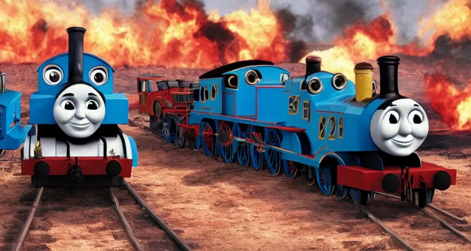 Image similar to Thomas the Tank Engine in the fiery wasteland of MAD MAX: FURY ROAD