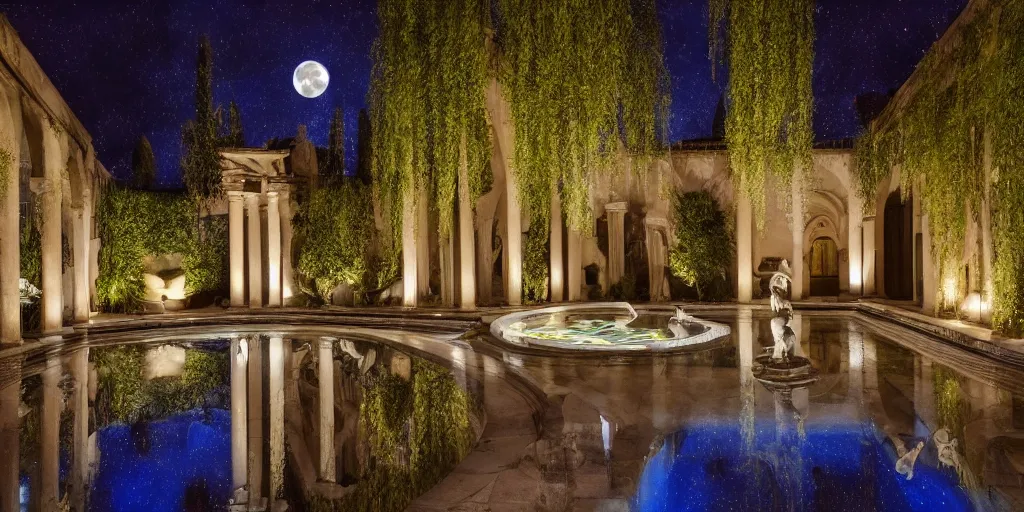 Prompt: photo of beautiful courtyard under moonlight, art deco and baroque aesthetic, large glowing moon, pool with rippling reflections, weeping willows and flowers, hellenistic sculptures, romantic, archdaily,