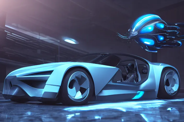 Image similar to cyberpunk alien concept inspired sports car, futuristic look, highly detailed body, very expensive, photorealistic camera shot, bright studio setting, studio lighting, crisp quality and light reflections, unreal engine 5 quality render