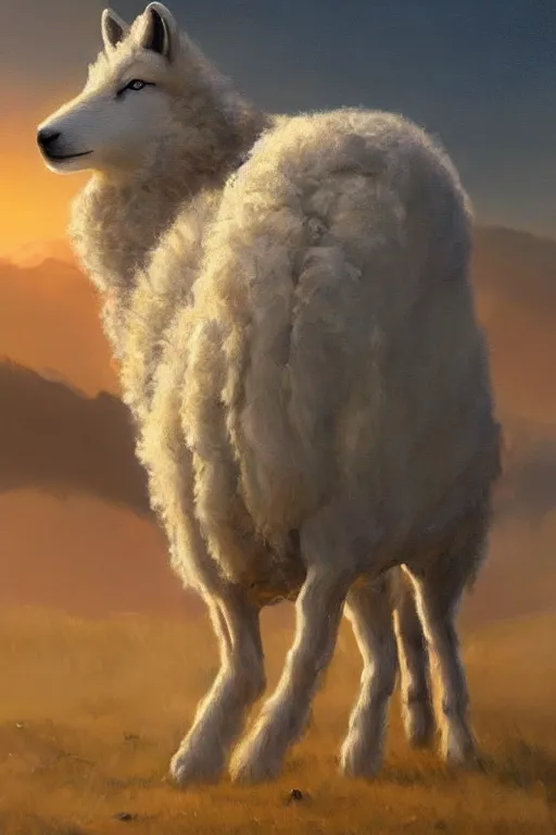 Image similar to sheep wolf, oil paintig, artstation, concept art, national geographics, golden hour, beautiful, 6 0 0 mm