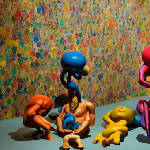 Image similar to a claymation film still of a contemporary sculpture / collection / contemporary art / gallery / museum / claymation by jeff koons and bruce bickford