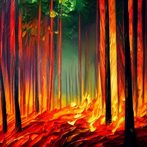 Image similar to a forest in flames with lightning in the background, oil painting, beautiful, enchanting, nature