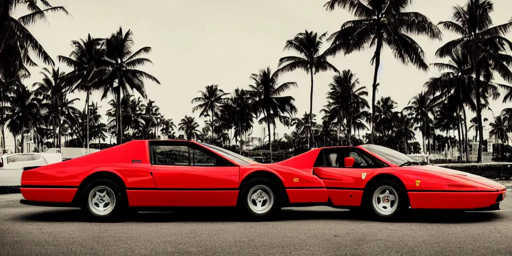 Prompt: A red 1980’s Ferrari super car cruising along an infinite highway with palm trees lining both sides, synthwave style, ‘80s retro style, atmospheric lighting