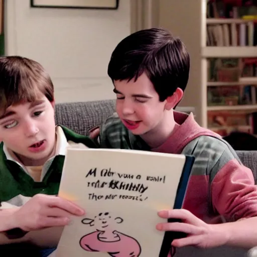 Prompt: greg heffley trying to help rowley, jeff kinney