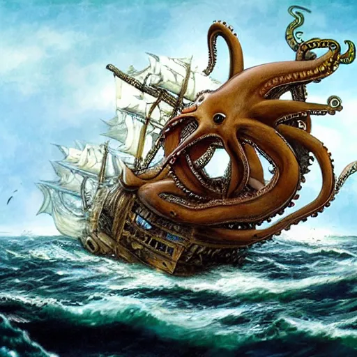 Prompt: a giant octopus is devouring a pirate ship in the wild sea