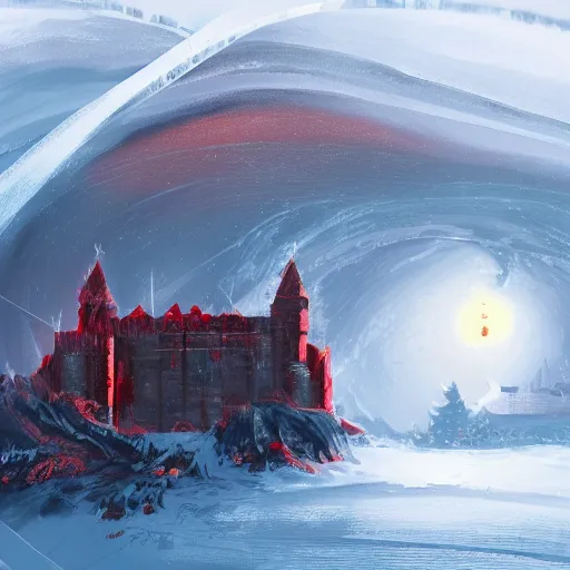 Prompt: Freelance illustration by Erica Rossi of a immense red citadel resting on an immense sheet of ice. December. Hue breaking and color management, concept art.