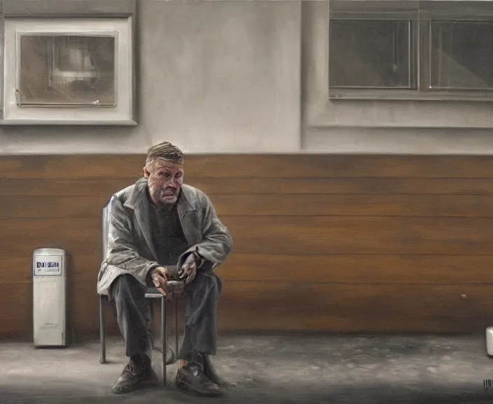 Prompt: dark oil realistic painting a gaunt man sits alone at a table in a depressing gloomy soviet gas station